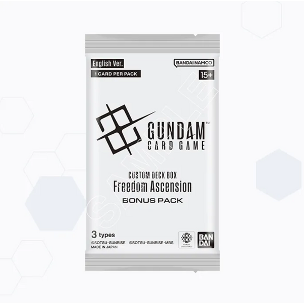Sobre de bonificación blanco Gundam Card Game Freedom Ascension con logo negro y texto en inglés.