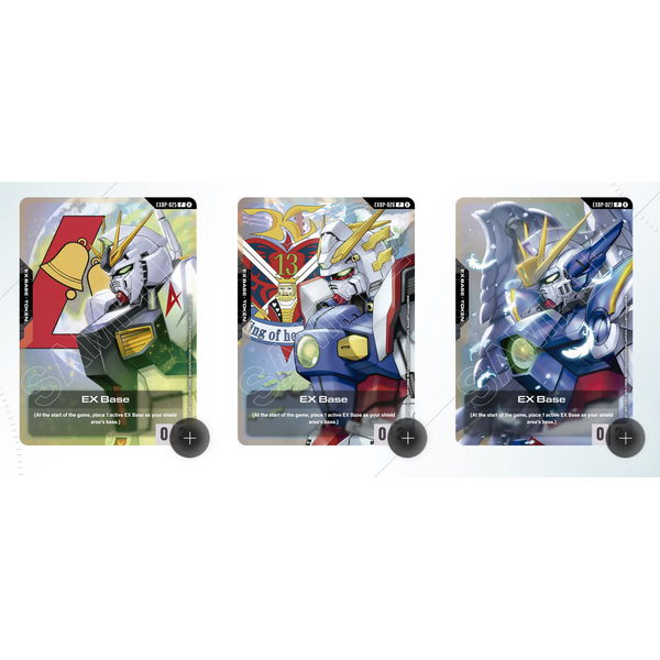 Tres cartas coleccionables EX Base de Gundam TCG con ilustraciones detalladas de robots en tonos vibrantes y diseño moderno.