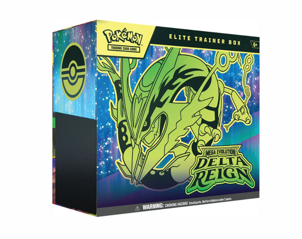 Caja de colección Pokémon Elite Trainer Box Delta Reign con diseño de Rayquaza verde sobre fondo azul estrellado.