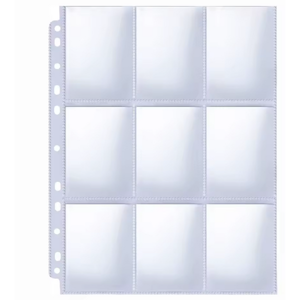 Hoja transparente de plástico con 9 bolsillos para cartas coleccionables y perforaciones laterales para archivador.