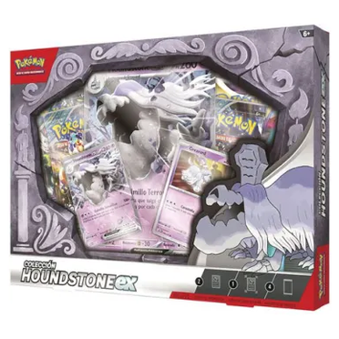 Caja de colección Pokémon TCG Houndstone ex con cartas holográficas, sobres y diseño de piedra gris con detalles en morado.