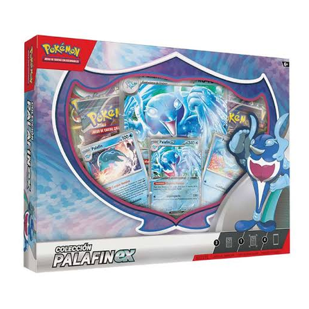 Caja de colección Pokémon TCG Palafin ex con cartas holográficas, sobres de mejora y diseño azul brillante.