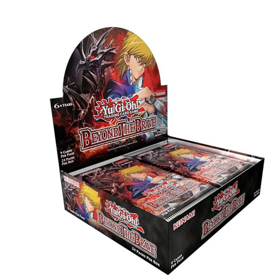Caja de sobres Yu-Gi-Oh! Beyond the Brave con diseño de Joey Wheeler y Red-Eyes en tonos rojos y negros.