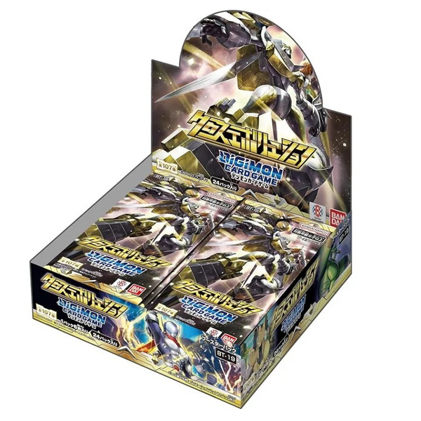 Caja de 24 sobres Digimon Card Game BT-19 Xros Evolution con diseño de Shoutmon en tonos dorados y oscuros.