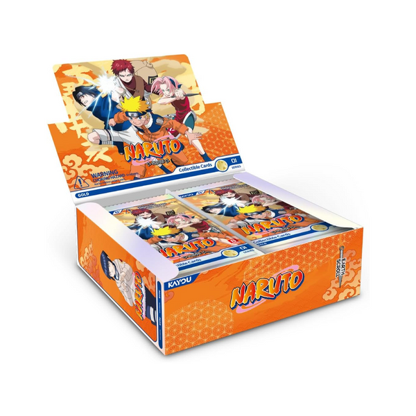 Caja de cartas coleccionables Kayou Naruto Earth Scroll Edition con 20 sobres en tono naranja y diseño de personajes anime.
