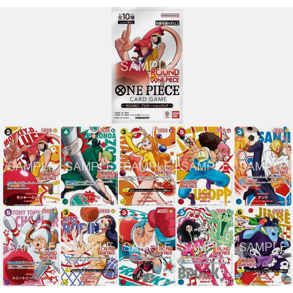 Sobre promocional Round1 de One Piece con 10 cartas coleccionables de los Piratas de Sombrero de Paja con arte del manga.