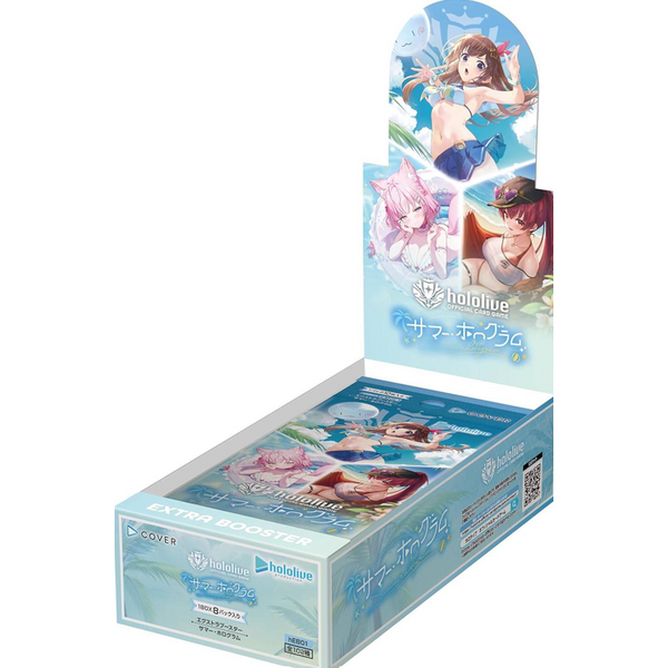 Caja de sobres Hololive Summer Hologram con ilustraciones de anime veraniegas, logo oficial y diseño en tonos azules y blancos.