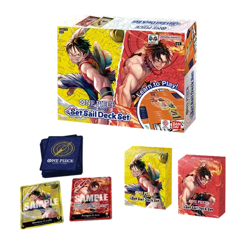 Caja del One Piece Set Sail Deck Set SD-01 con mazos de Luffy y Ace, cartas, cajas individuales y tapete de juego.