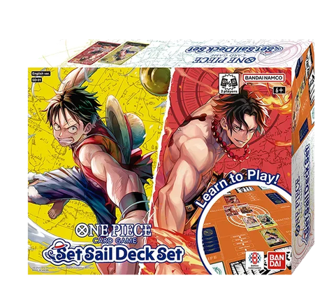 Caja de One Piece Set Sail Deck Set SD-01 con ilustraciones de Luffy y Ace, incluyendo mazos, tapete y accesorios de juego.