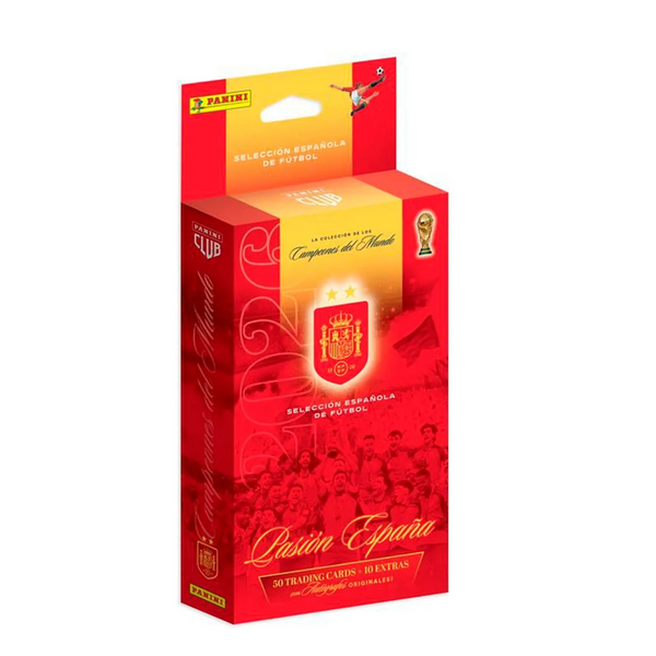 Caja roja Panini Pasión España 2026 con escudo de la selección, trofeo mundialista y 60 cartas coleccionables de fútbol.