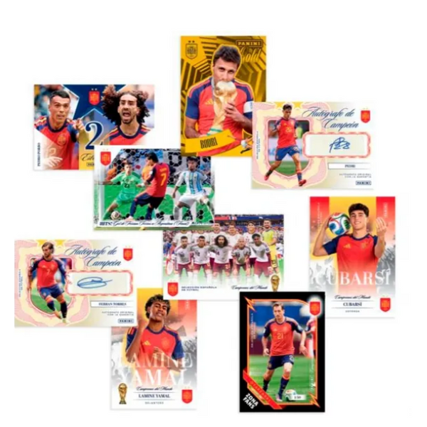 Colección de cartas Panini Pasión España 2026 con jugadores de La Roja, autógrafos y diseños exclusivos en colores vibrantes.