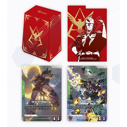 Estuche rojo para cartas Gundam TCG con diseño de Char Aznable y dos cartas de juego ilustradas.