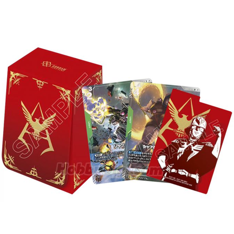 Estuche rojo para cartas Gundam TCG con diseño de Char Aznable, emblema dorado y tres cartas coleccionables incluidas.