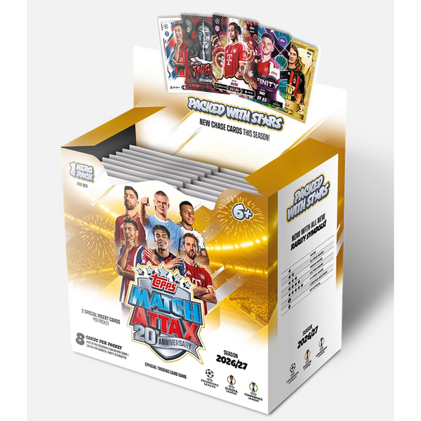 Display box of Topps Match Attax 2026/27 football cards featuring gold branding, player imagery, and 36 collectible card packs.