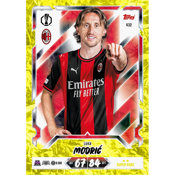 Carta coleccionable Topps Match Attax de Luka Modrić con AC Milan, diseño brillante en amarillo y plata, edición Super Rare.