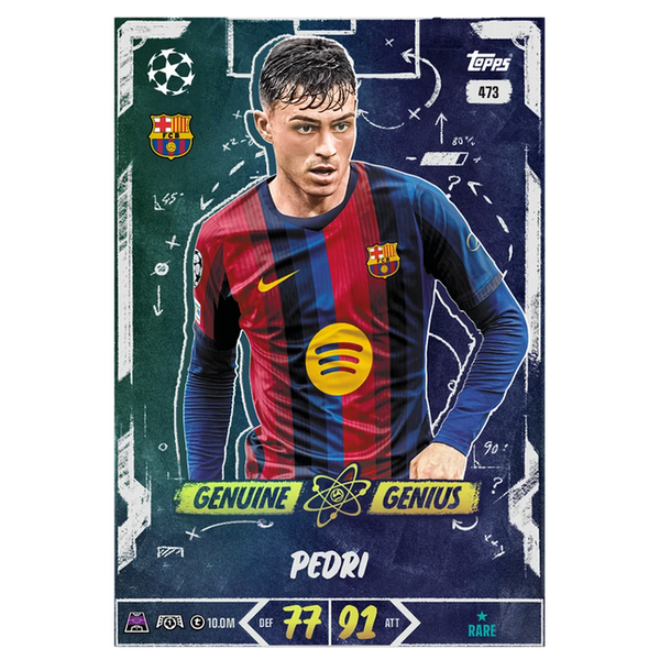Carta coleccionable Topps Match Attax de Pedri con diseño azul y rojo, escudo del FC Barcelona y estadísticas de juego.