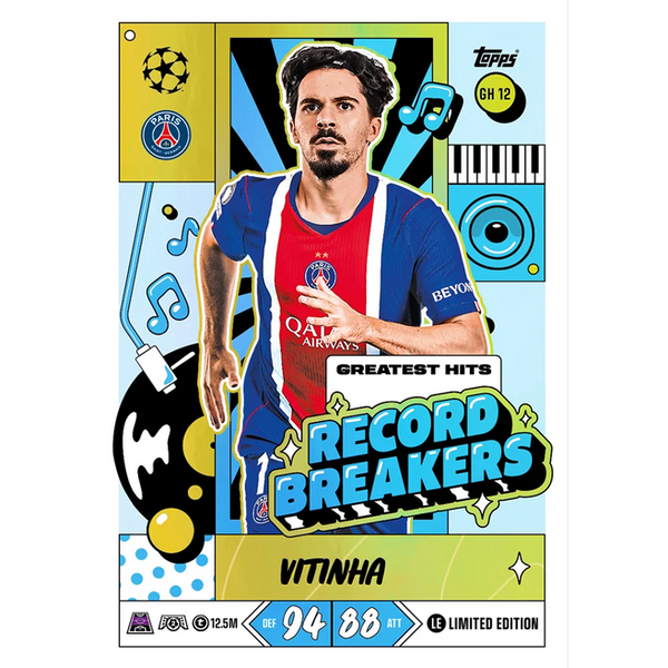 Carta coleccionable Topps Match Attax de Vitinha del PSG, diseño Record Breakers con gráficos musicales y estadísticas de jugador.