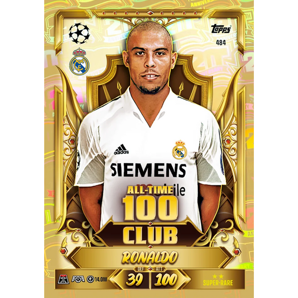 Carta coleccionable Topps Match Attax 20th Anniversary de Ronaldo en el Real Madrid con diseño dorado y brillante.