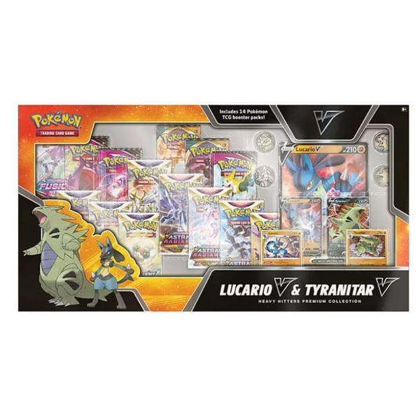 Caja de colección Pokémon con 14 sobres, cartas promocionales de Lucario V y Tyranitar V, y una carta jumbo en empaque negro.