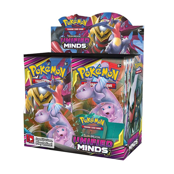 Caja de 36 sobres Pokémon Sol y Luna Mentes Unidas con ilustraciones de Mewtwo, Mew y Garchomp con Giratina.