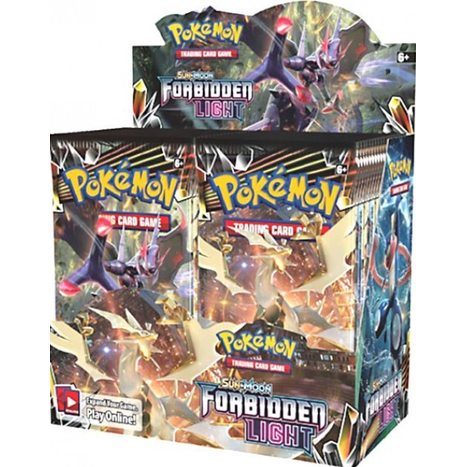 Caja de 36 sobres de cartas Pokémon Sol y Luna Luz Prohibida con diseño de Ultra-Necrozma y Zygarde en tonos oscuros y dorados.