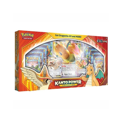 Caja de colección Pokémon Kanto Powers con cartas promocionales de Dragonite-EX y Pidgeot-EX y sobres de Evolutions.