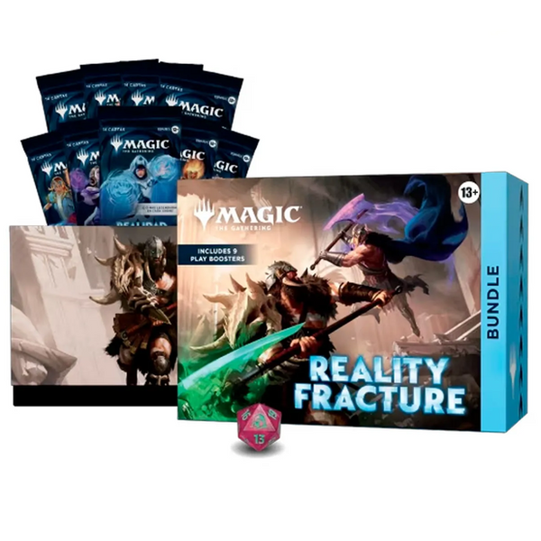Caja de Magic Reality Fracture con 9 sobres, arte de guerreros enfrentados y un dado de veinte caras rosa sobre fondo blanco.