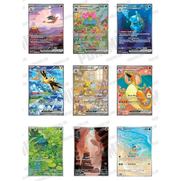 Colección de nueve cartas Pokémon 151 con ilustraciones coloridas de Charizard, Venusaur, Blastoise y otros personajes icónicos.