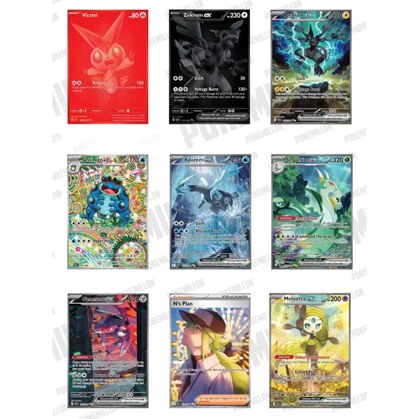 Colección de nueve cartas Pokémon brillantes y coloridas con diseños detallados de personajes y texto en inglés.