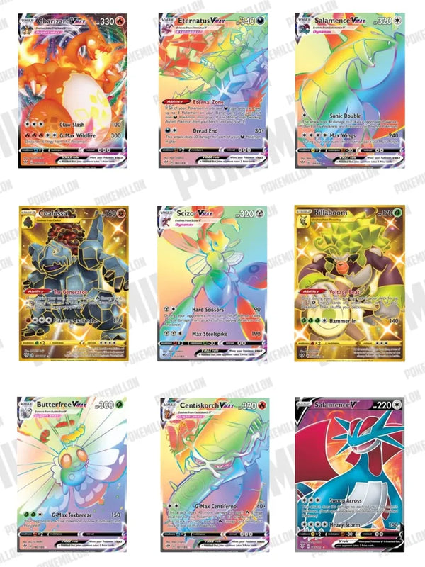 Colección de cartas Pokémon V y VMAX brillantes con ilustraciones coloridas de Charizard, Eternatus y otros Pokémon legendarios.