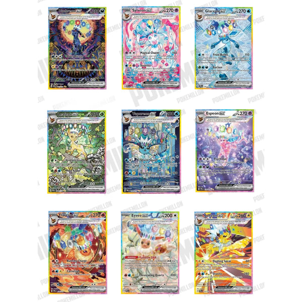Colección de nueve cartas Pokémon ex de Evoluciones Prismáticas con diseños coloridos, brillantes y arte detallado de Eevee y sus evoluciones.