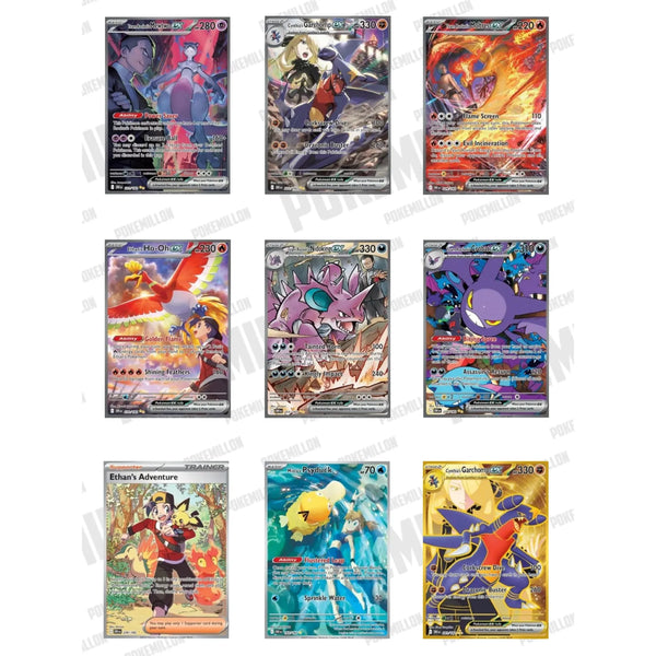 Colección de cartas Pokémon ex de la expansión Destined Rivals con ilustraciones coloridas y detalles holográficos.