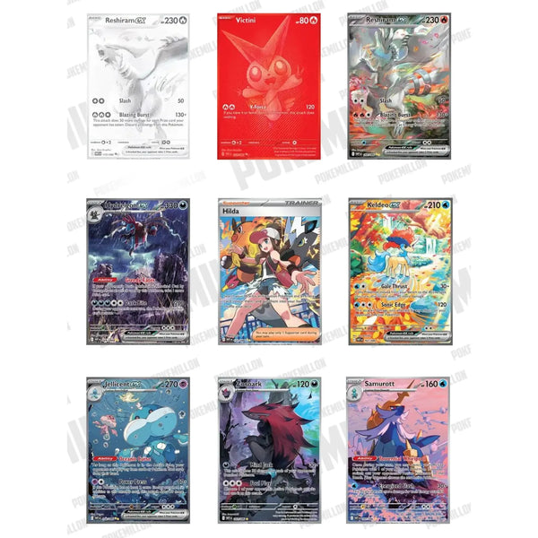 Colección de nueve cartas Pokémon White Flare con ilustraciones coloridas, diseños holográficos y personajes detallados.