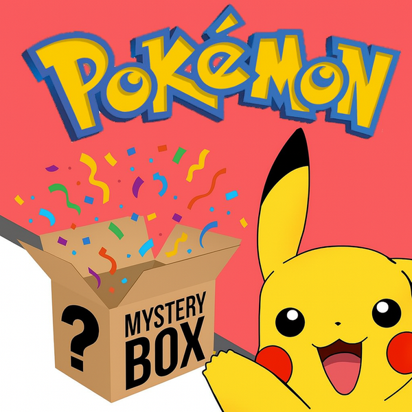 Caja misteriosa de cartón con confeti y Pikachu sobre fondo rojo con el logo de Pokémon en la parte superior.