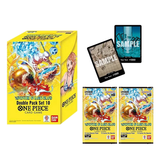 One Piece Adventure on KAMI’s Island double pack set with two booster packs and two promotional DON!! cards in yellow packaging.