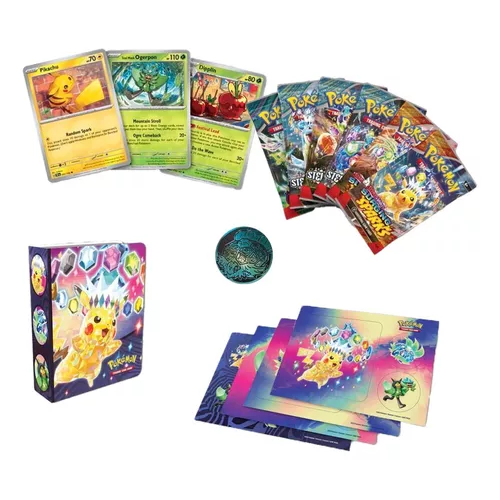 Maletín coleccionista Pokémon con cartas de Pikachu, sobres Chispas Fulgurantes, mini álbum, moneda y hojas de pegatinas.