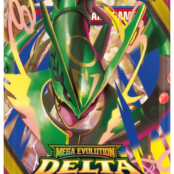 Sobre de cartas Pokémon Dominio Delta con Rayquaza verde, diseño brillante y logo de Mega Evolución en empaque multicolor.