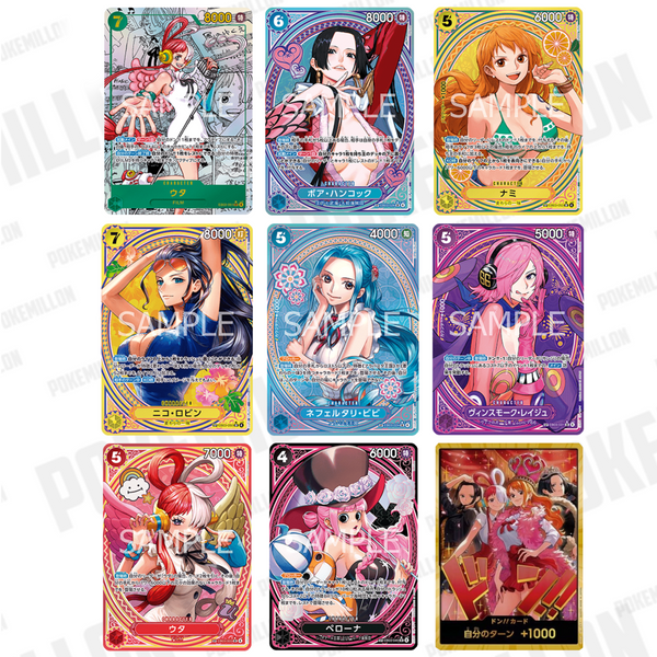 Colección de cartas One Piece EB-03 Heroines con ilustraciones coloridas y brillantes de personajes femeninos icónicos.