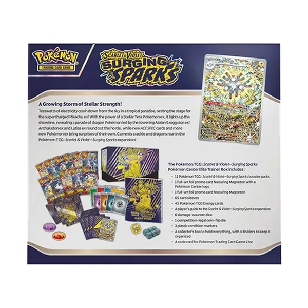 Caja de Entrenador Élite Pokémon Chispas Fulgurantes con sobres, fundas, dados, contadores y guía de juego en empaque azul.