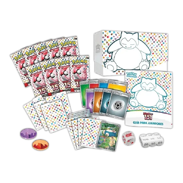 Caja de Entrenador Élite Pokémon 151 con sobres, guía, fundas, dados, marcadores y carta promocional de Snorlax.