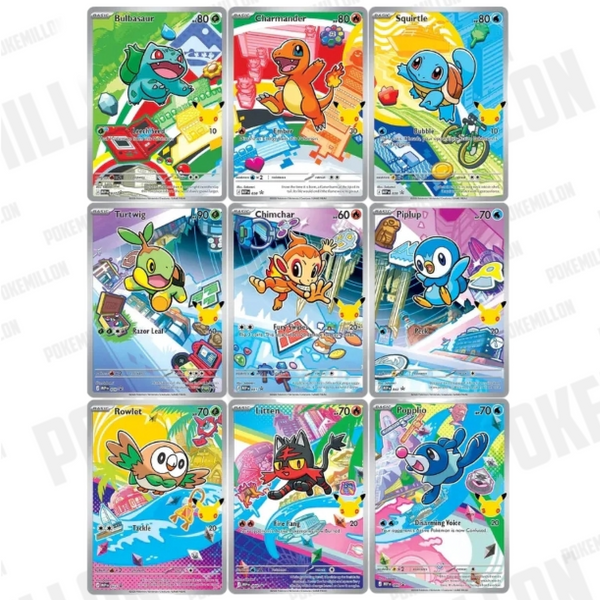 Nueve cartas Pokémon Rara Ilustración de la serie 30 Aniversario con coloridas ilustraciones de los primeros compañeros.