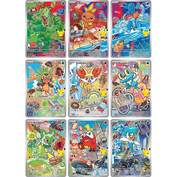 Nueve cartas Pokémon Rara Ilustración con Treecko, Torchic, Mudkip, Chespin, Fennekin, Froakie, Sprigatito, Fuecoco y Quaxly.