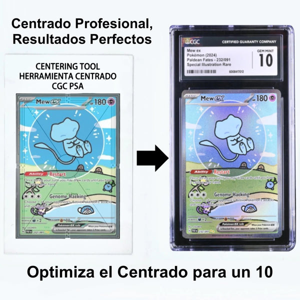 Herramienta de centrado transparente y resistente sobre una carta Pokémon, mostrando cómo alinearla para obtener una calificación 10.