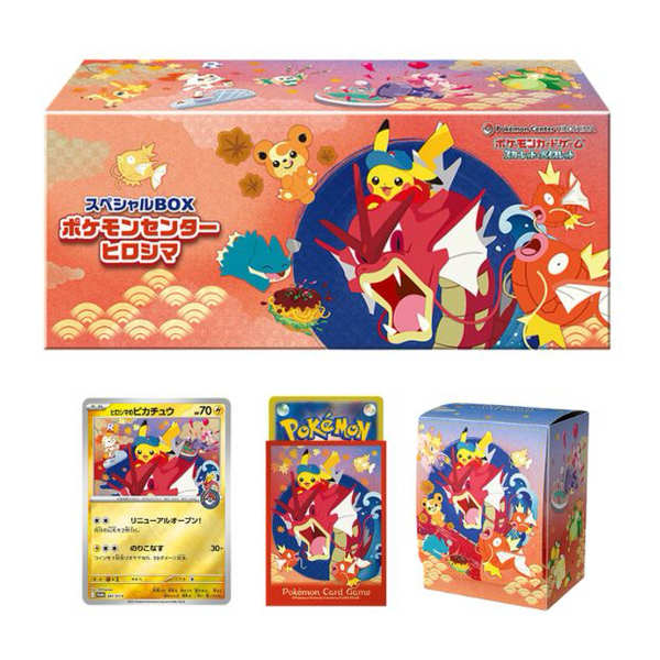 Caja especial Pokémon Center Hiroshima con carta holográfica de Pikachu, fundas para cartas y caja para mazos con diseño de Gyarados.