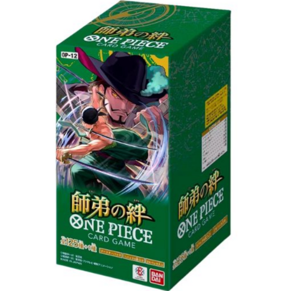 Caja de 24 sobres One Piece OP-12 Legacy of the Master con diseño verde y arte de Mihawk y Zoro en la parte frontal.