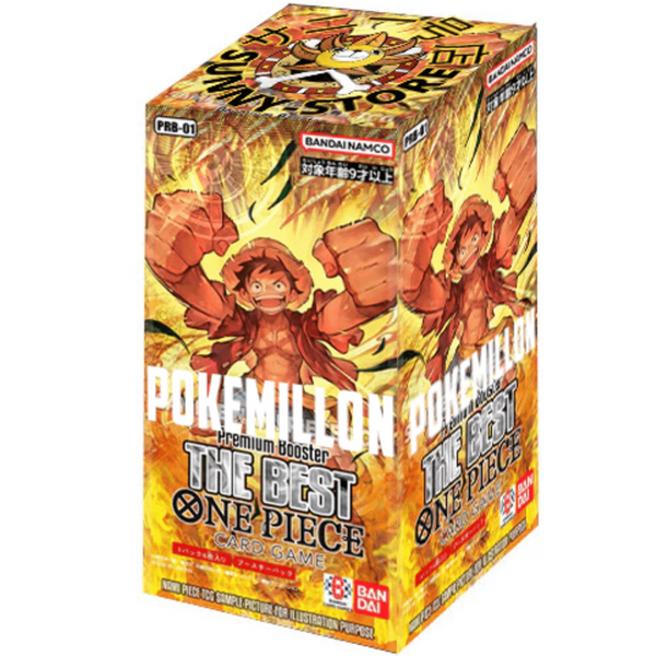 Caja de 20 sobres One Piece PRB01 The Best Premium Collection con ilustración de Luffy en tonos amarillos y naranjas.
