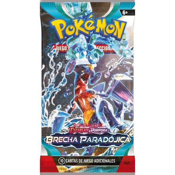 Sobre de cartas Pokémon Escarlata y Púrpura Brecha Paradójica con diseño de Garchomp ex y efectos de agua azul.