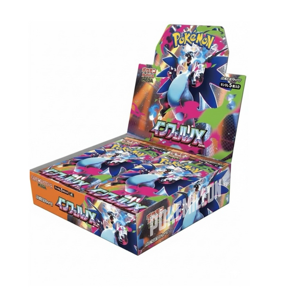 Caja de sobres Pokémon Inferno X M2 con diseño colorido de Mega Charizard y detalles en tonos neón sobre fondo oscuro.