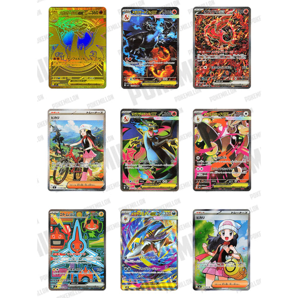 Colección de nueve cartas Pokémon Inferno X con diseños holográficos, ilustraciones de Mega Charizard y personajes anime.