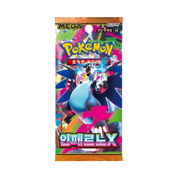 Sobre de cartas Pokémon Inferno X M2 con Mega Charizard azul y detalles en colores vibrantes sobre fondo brillante.